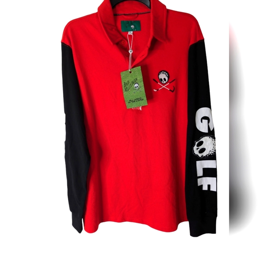 BAD MULLIGAN Golfskull Mens Rugby Shirt Red and Black.... Size M - Picture 2 of 6